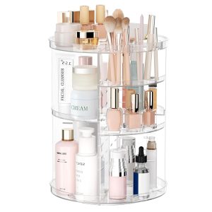 Store Rotating Makeup Organizer, DIY 8 Adjustable Layers Spinning Skincare Storage, Cosmetic Display Case with Brush Holder and Perfume Tray, Multi-Function Vanity Bathroom Countertop Organizer Clear