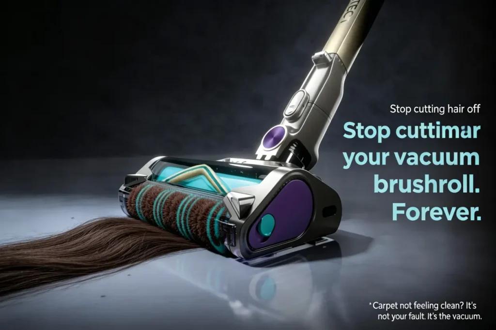 2026 Best Cordless Vacuum Cleaners: Shark Complete Buying Guide Close-up of Shark PowerFins self-cleaning brushroll, showing the fin-shaped bristle design and anti-hair-wrap structure