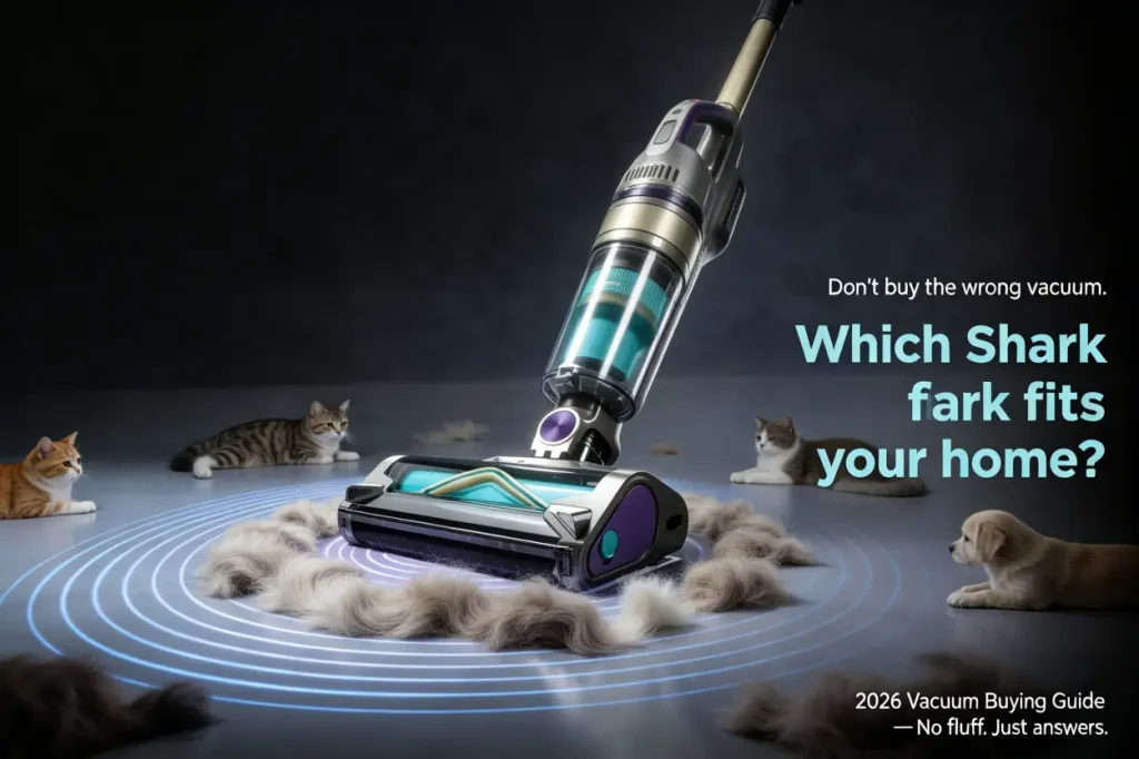 Decision matrix showing which Shark vacuum to buy based on household type, flooring, pet ownership, and budget