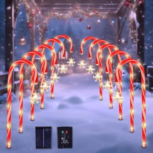 10 Pack Solar Candy Cane Pathway Lights, Warm White Christmas Decor | Auto-On at Dusk, 8 Lighting Modes, Ground-Stake Setup, IP44 Weather-Resistant, Lawn Walkway Display