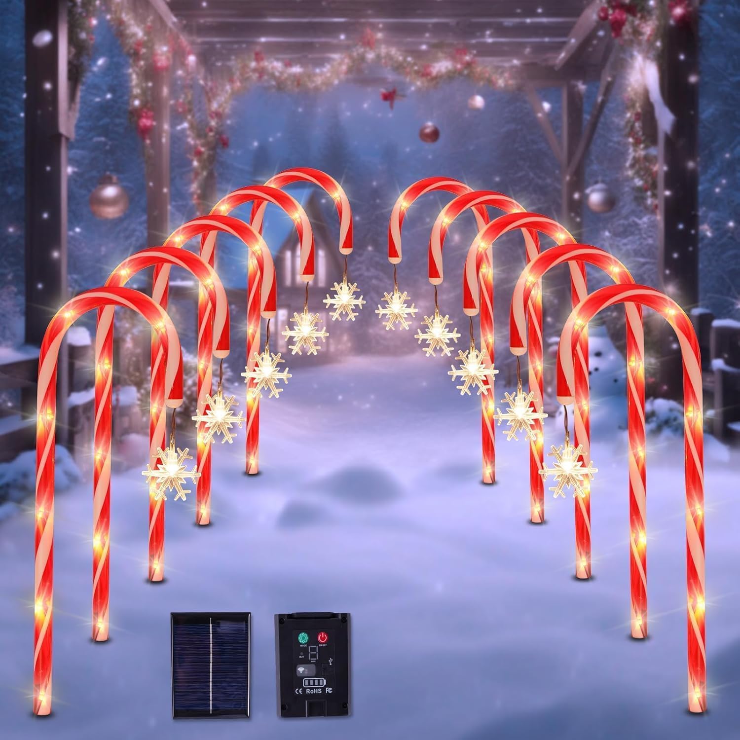10 Pack Solar Candy Cane Pathway Lights, Warm White Christmas Decor | Auto-On at Dusk, 8 Lighting Modes, Ground-Stake Setup, IP44 Weather-Resistant, Lawn Walkway Display