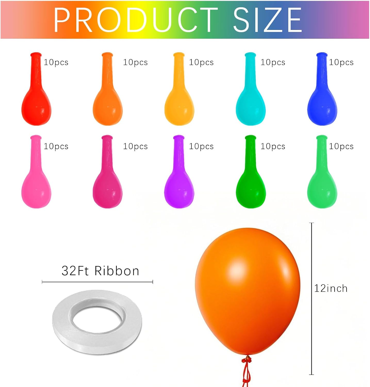 100 Colorful 12" Rainbow Latex Balloons for Party, Birthday, Wedding Decor - Image 2