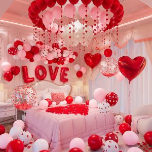 1082PCS I Love You Balloons, Happy Anniversary Decorations with Pink Red Heart Print Balloon, Red Heart 32'' LOVE Foil Balloons, Rose Petals, Heart Hanging for Romantic Night Valentine Day Decorations