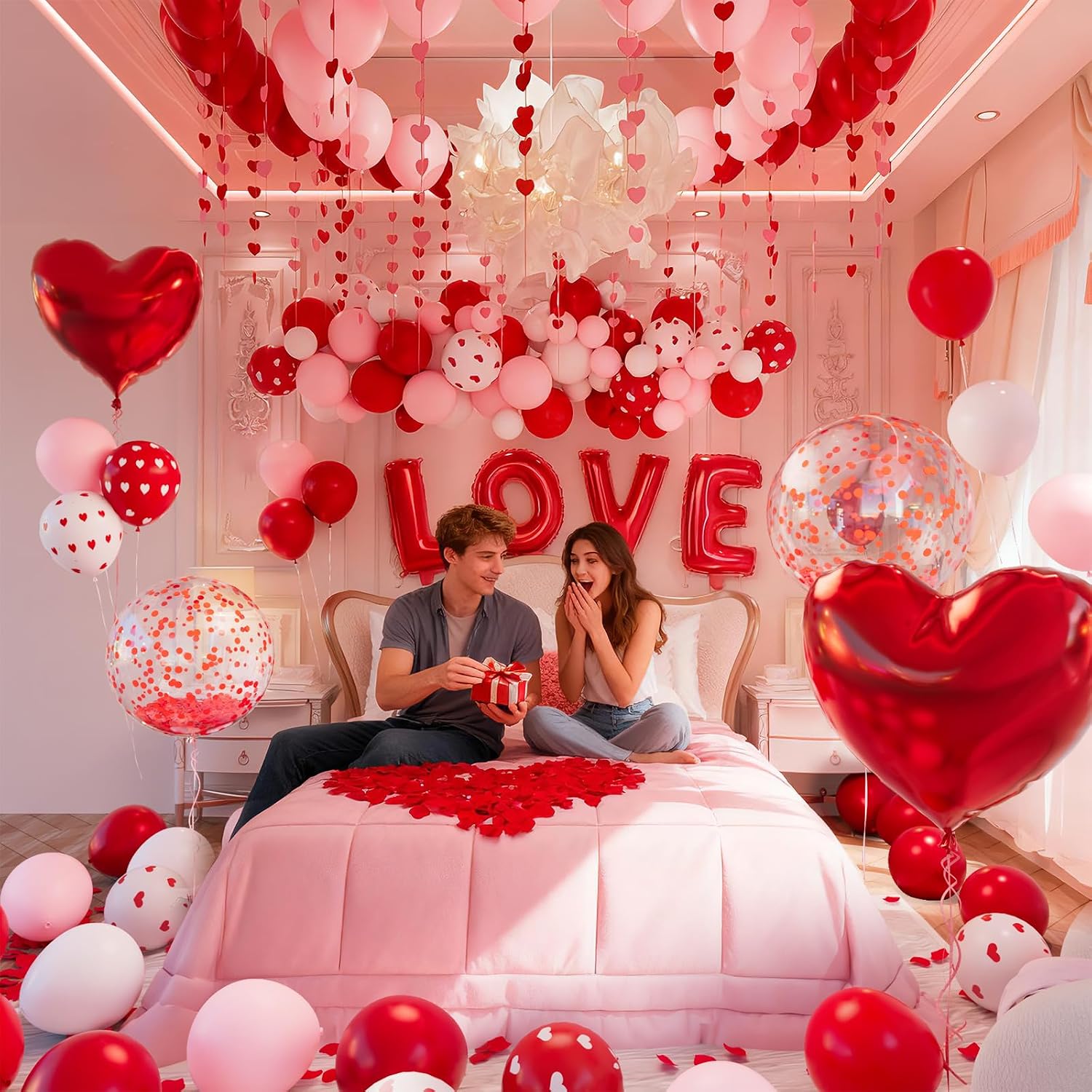 1082pc Romantic Decor Kit: Heart Balloons, LOVE Foil, Rose Petals for V-Day/Anniversary. - Image 2