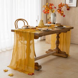 Fall Golden Cheesecloth Table Runner 120 Inch Party Home Decorations | For Thanksgiving Friendsgiving Wedding Bridal Shower Baby Shower Engagement Party 10FT Rustic Boho Home Decor