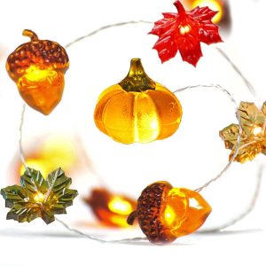 BOHON Thanksgiving Decoration 30 LEDs Acorn 3D Pumpkin Leaf String Lights | 10ft Fall Lights Battery Operated with Remote Orange for Home Autumn Garland Harvest Halloween Party Christmas Decor