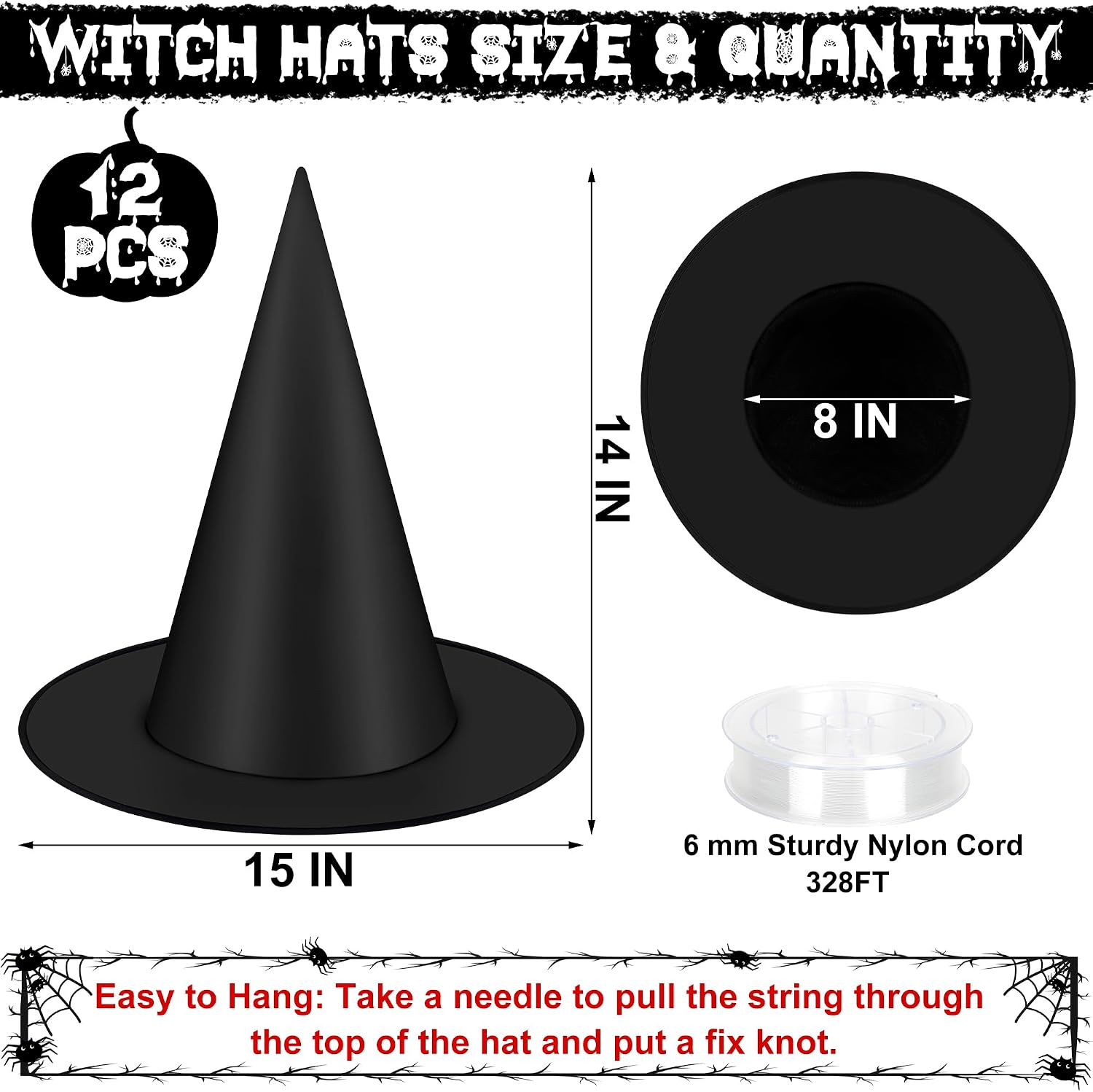 12 Black Hanging Witch/Wizard Hats with Cord for Halloween Decor & Costumes. - Image 2