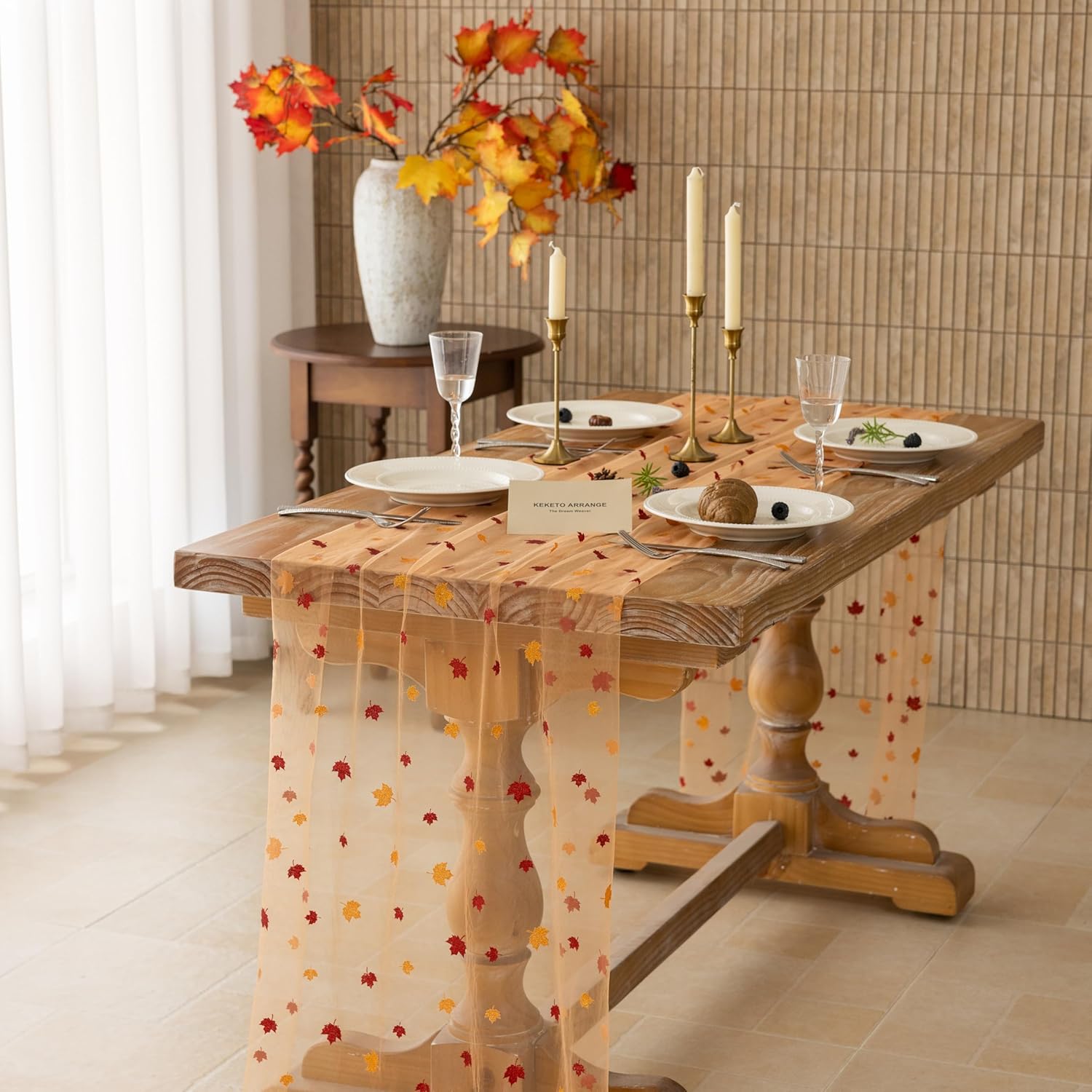 120 Fall Maple Leaf Tulle Table Runner - Thanksgiving Autumn Decor - Image 2