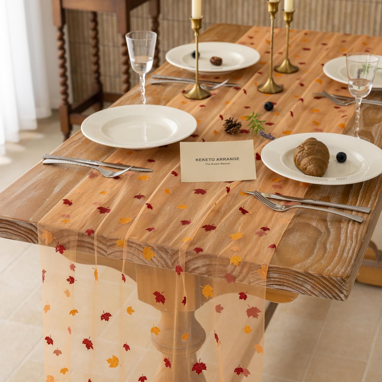 Keketoarrange Fall Maple Leaves Table Runner 120 Inch | Gauze Sheer Tulle Runner | Ideal for Thanksgiving, Autumn Harvest & Friendsgiving Dining Decor