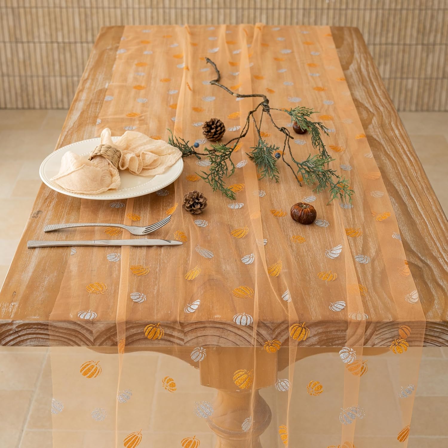 120" Fall Pumpkin Sheer Tulle Table Runner - Thanksgiving/Autumn Decor Review - Image 2