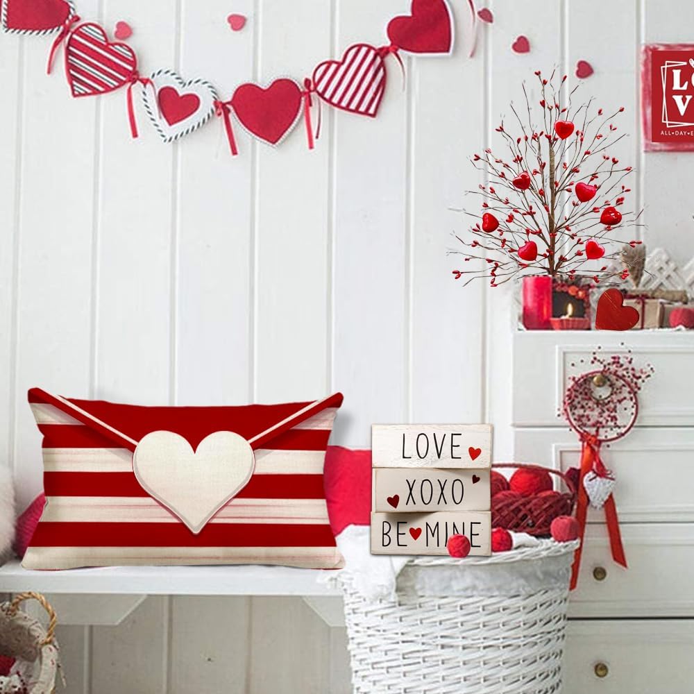 12x20 Red White Striped Envelope Heart Pillow Cover for Valentine's, Wedding & Anniversary Decor - Image 2