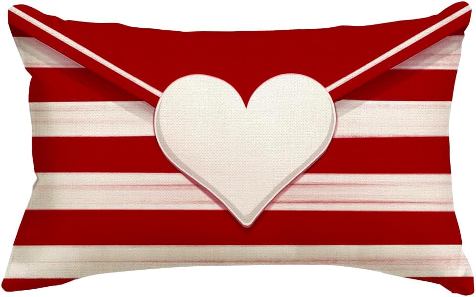 Striped Envelope Red Heart Valentine's Throw Pillow Cover, 12x20 Inch Red and White Anniversary Wedding Cushion Case Decoration for Sofa Couch