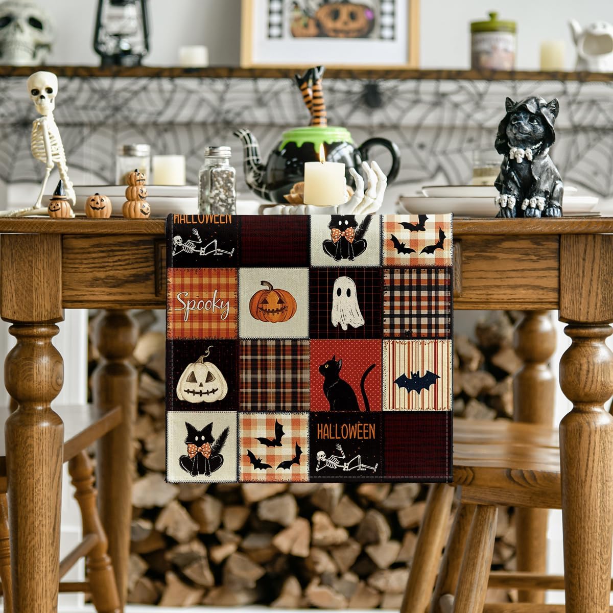13x72 Halloween Table Runner: Spooky Black Cat Bat Pumpkin Home Decor - Image 2