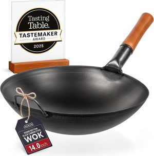 YOSUKATA 14" Carbon Steel Wok with Round Bottom – Pre-Seasoned Pow Wok for Stir Fry – Traditional Chinese Japanese Black Steel Pan – Outdoor Cookware for Gas Stovetops, Open Fire, BBQ, Camping