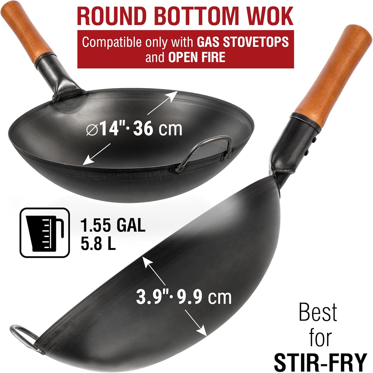 14" Pre-Seasoned Carbon Steel Round Wok for Stir Fry & Outdoor Cooking - Image 2