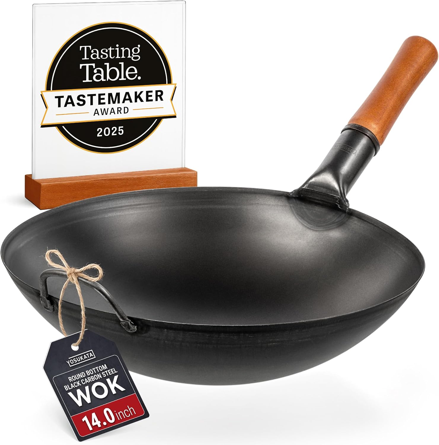 YOSUKATA 14" Carbon Steel Wok with Round Bottom – Pre-Seasoned Pow Wok for Stir Fry – Traditional Chinese Japanese Black Steel Pan – Outdoor Cookware for Gas Stovetops, Open Fire, BBQ, Camping