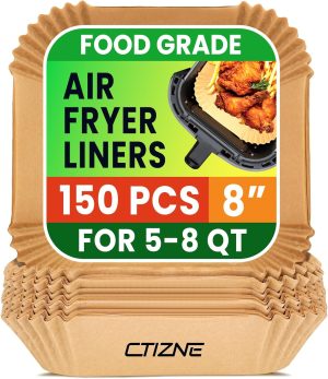 Air Fryer Liners Disposable, 150Pcs Parchment Paper 8" Square for 5-8QT | [Food Grade Material] Unbleached Parchment Paper Non-Stick & Waterproof Oilproof Easy Cleanup for Air Fryer Sheets Papers