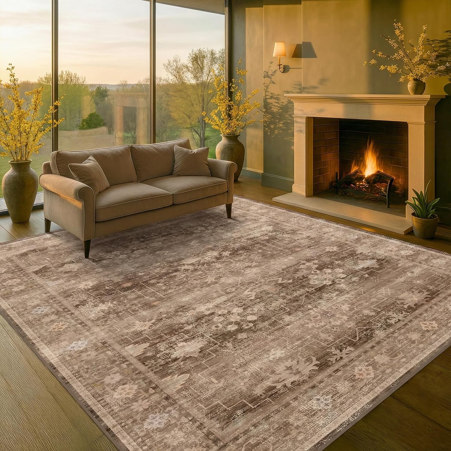1785607321 8x10 washable boho taupe area rug low pile non slip neutral for modern homes.jpg
