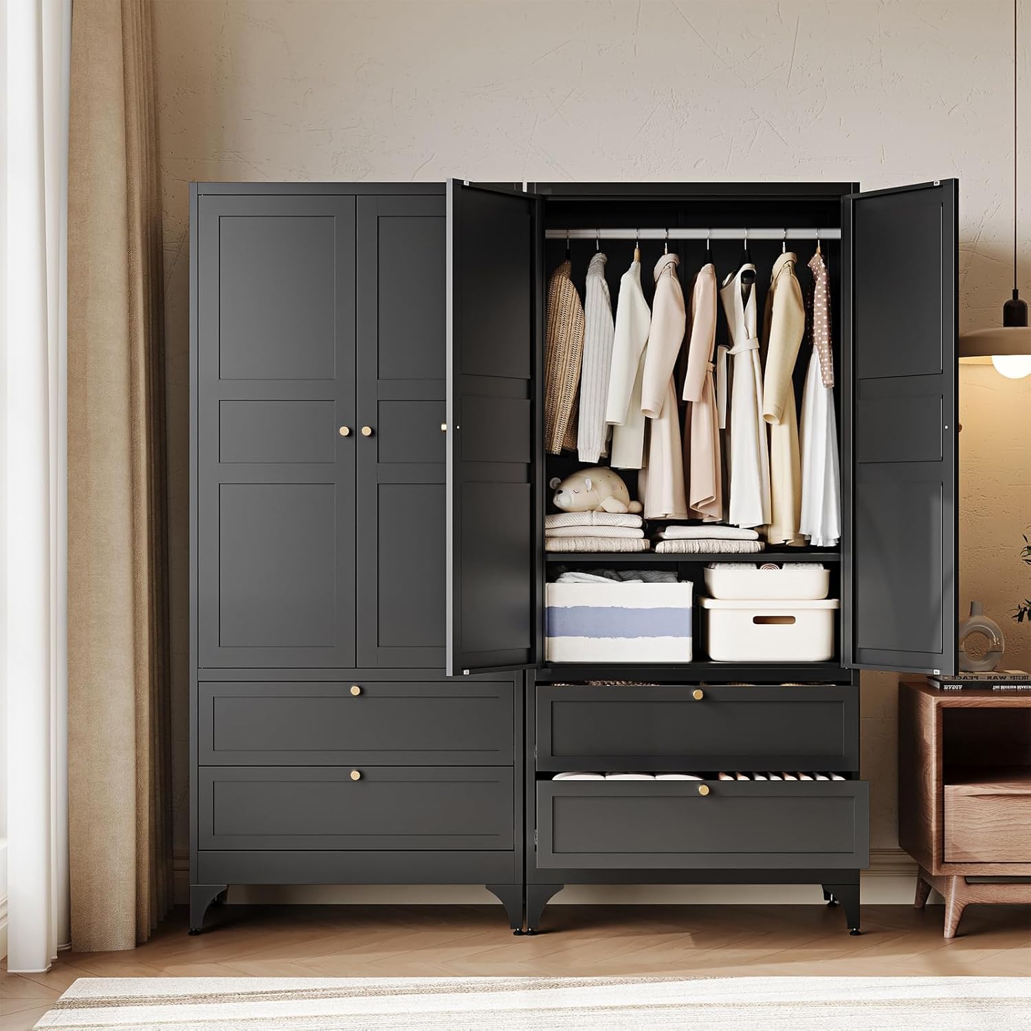 1785615355 black metal armoire review wardrobe with rod shelves 2 drawers.jpg