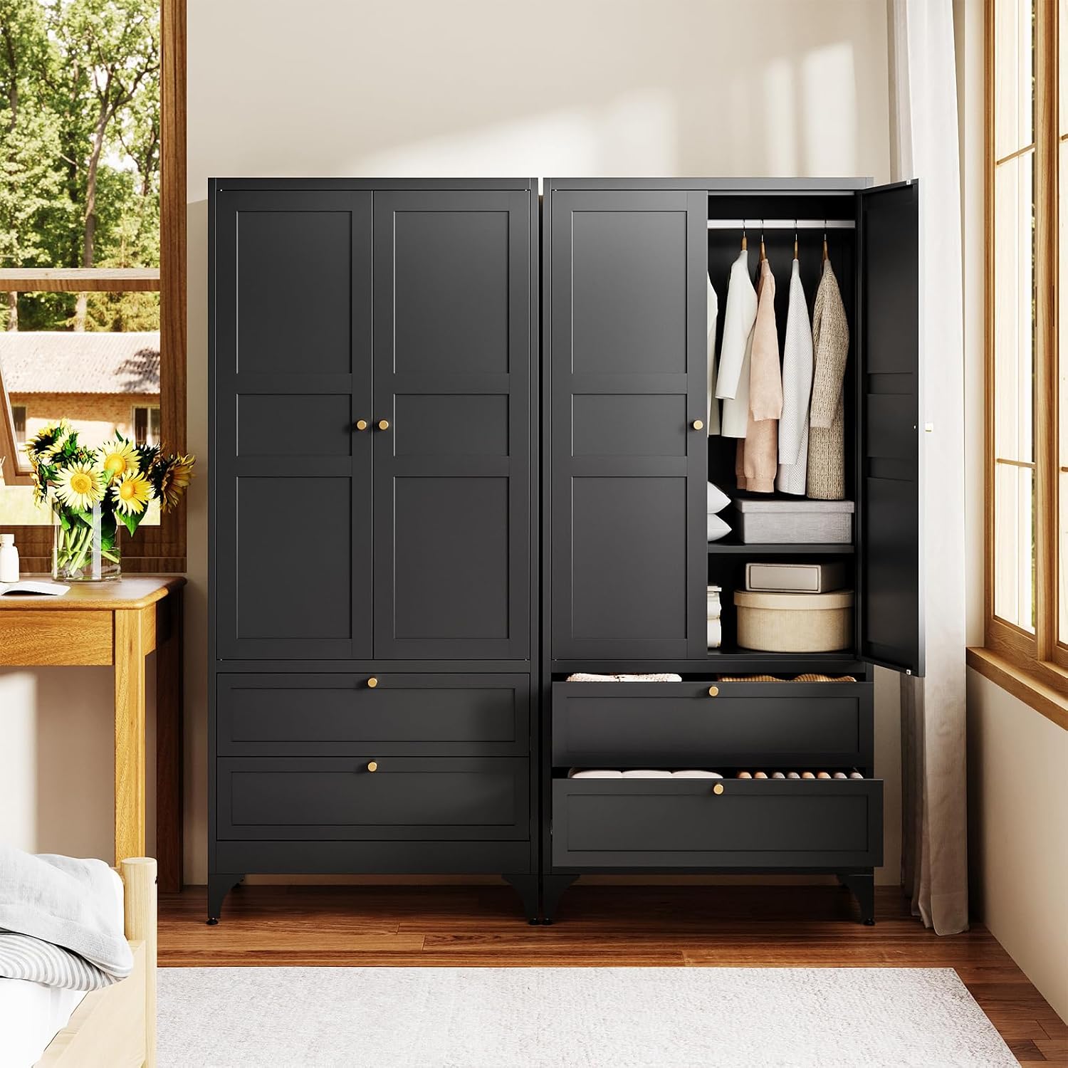 1785615360 black metal armoire review wardrobe with rod shelves 2 drawers.jpg