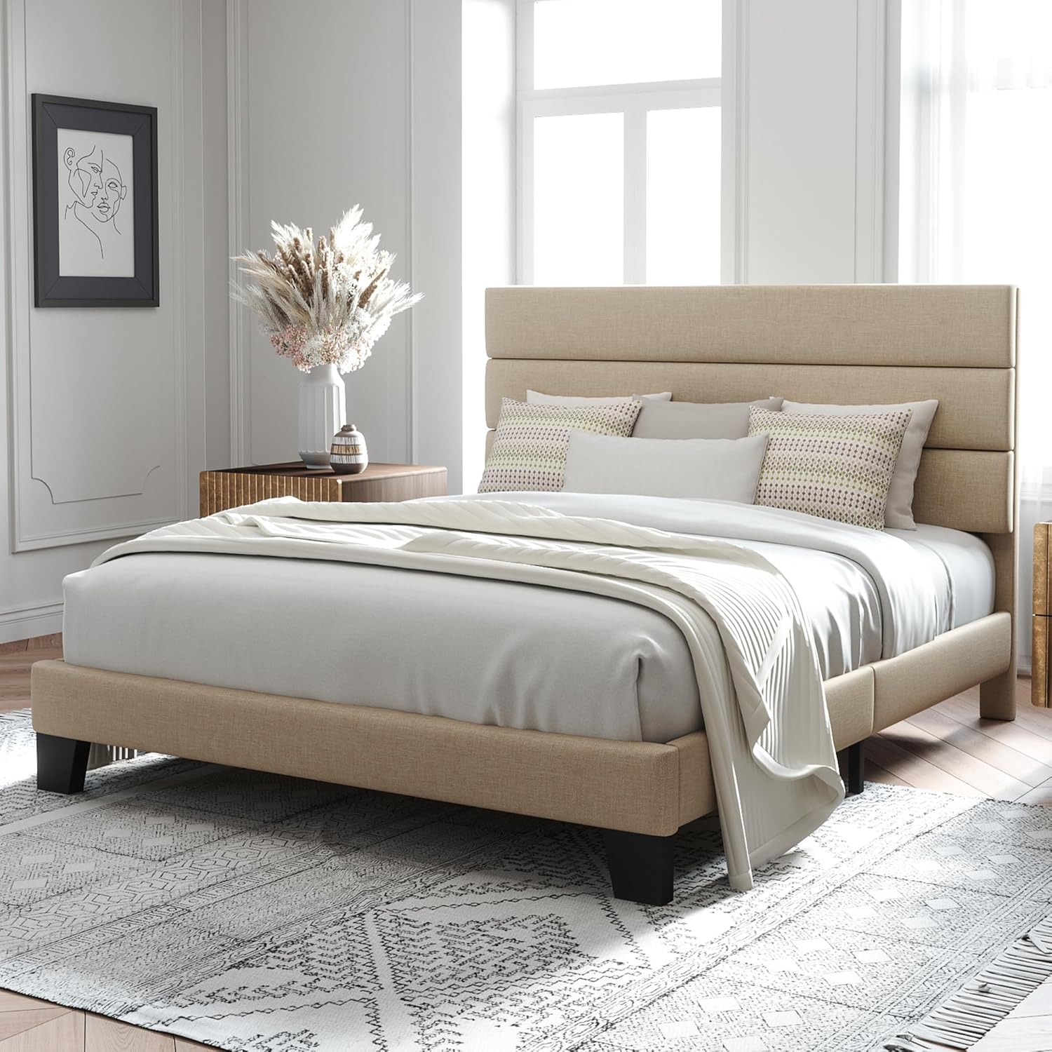 1785680934 allewie queen beige platform bed with fabric headboard wooden slats. no box spring quiet.jpg