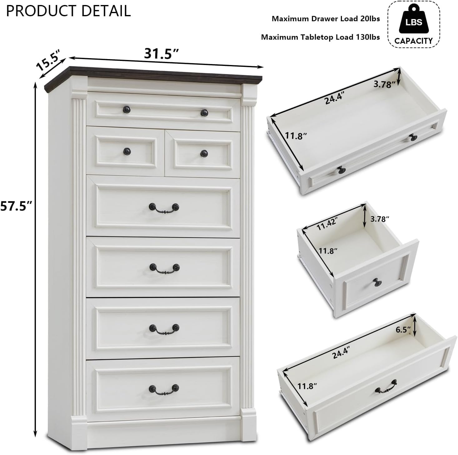 Aitjunz Farmhouse White 7-Drawer 57" Tall Roman Column Dresser Review - Image 2