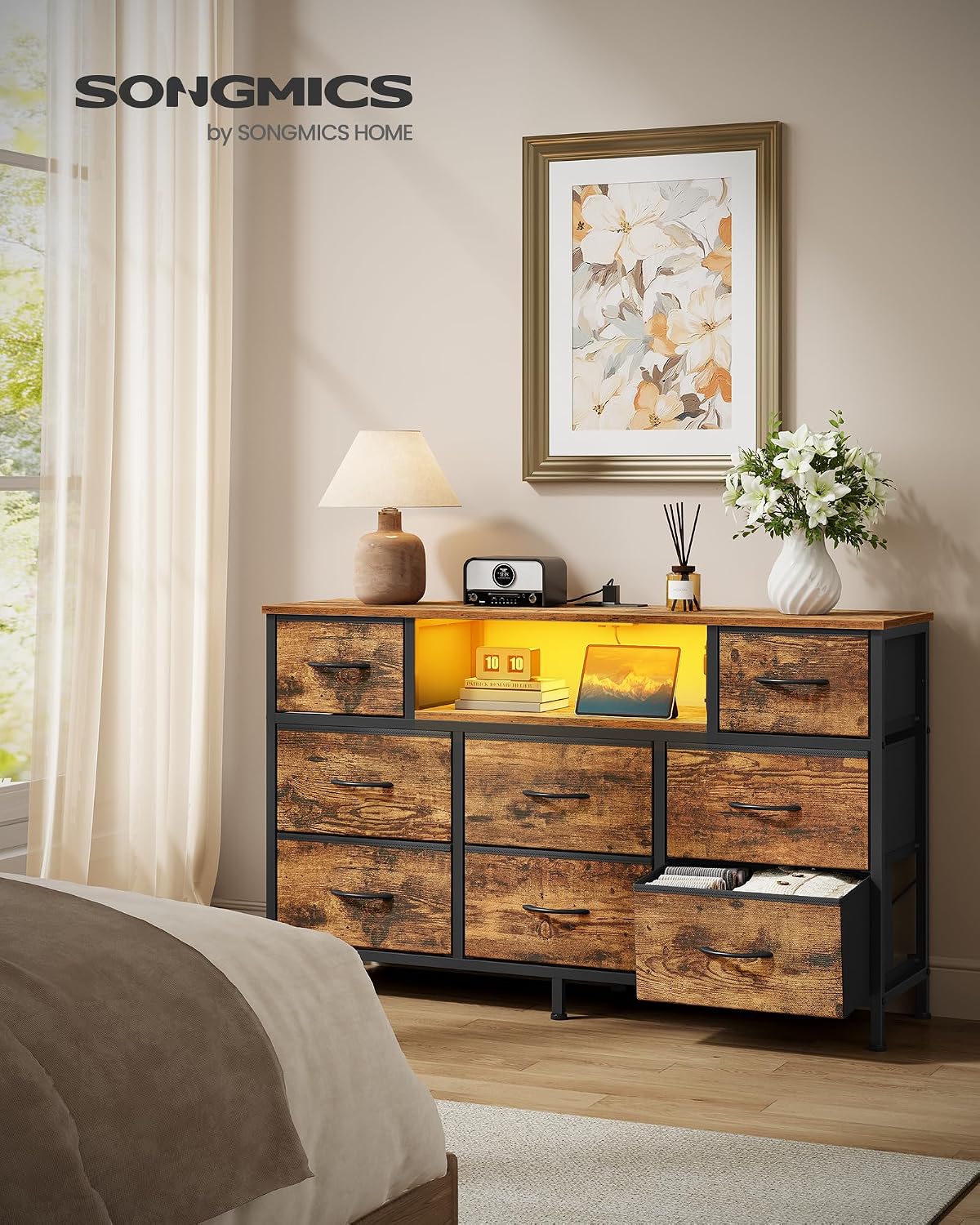 SONGMICS 8-Drawer Industrial Rustic Dresser Review: LED, Outlets, TV Stand - Image 2