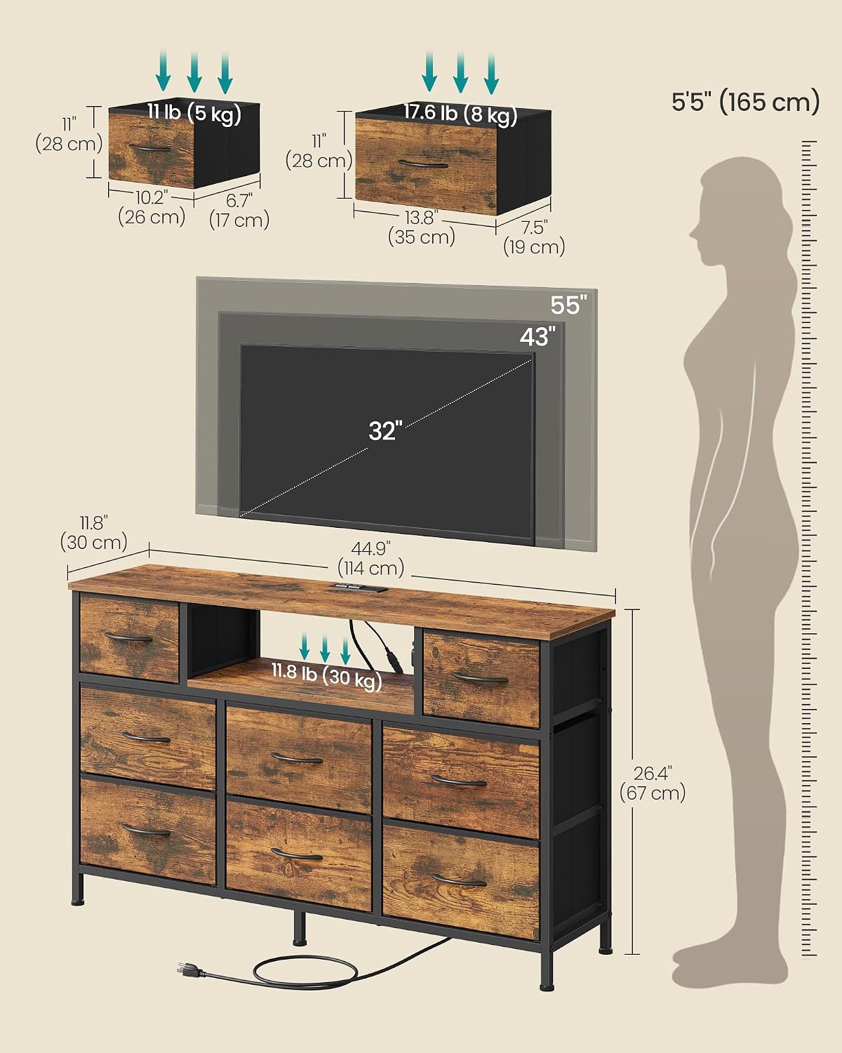 SONGMICS 8-Drawer Industrial Rustic Dresser Review: LED, Outlets, TV Stand - Image 3