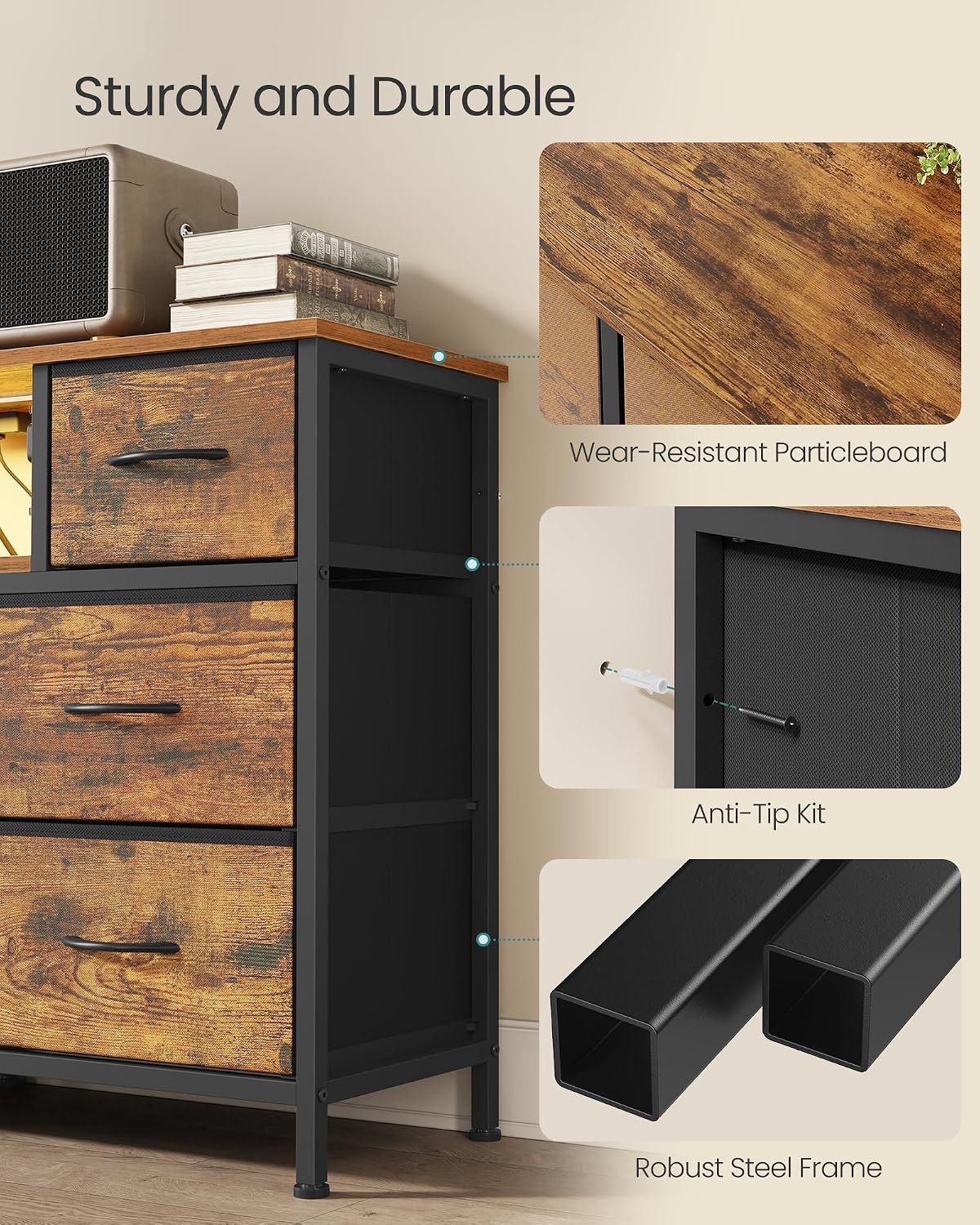 SONGMICS 8-Drawer Industrial Rustic Dresser Review: LED, Outlets, TV Stand - Image 5