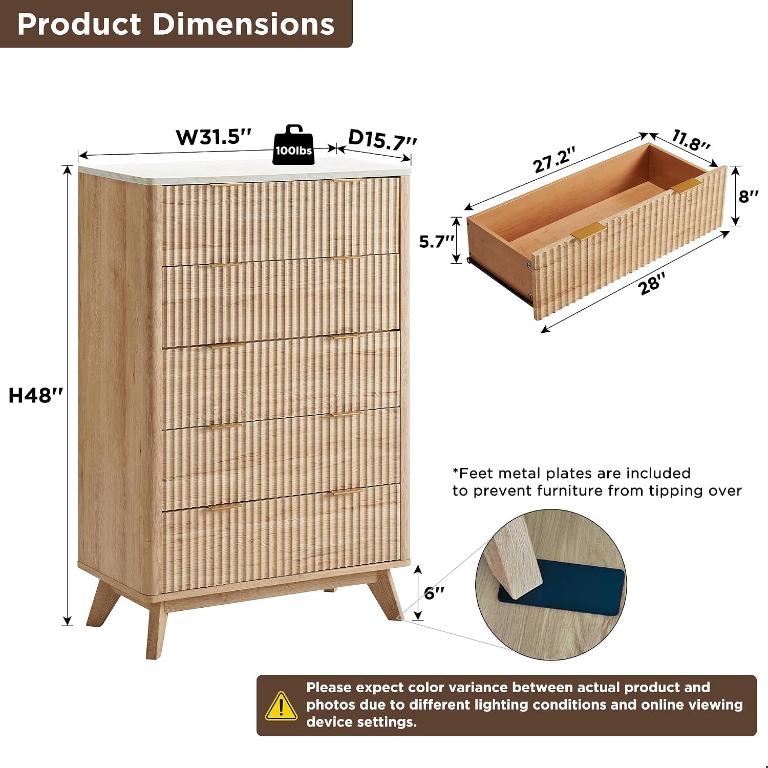 T4TREAM 48" MCM Fluted 5-Drawer Dresser Review: Oak/Marble Top - Image 2