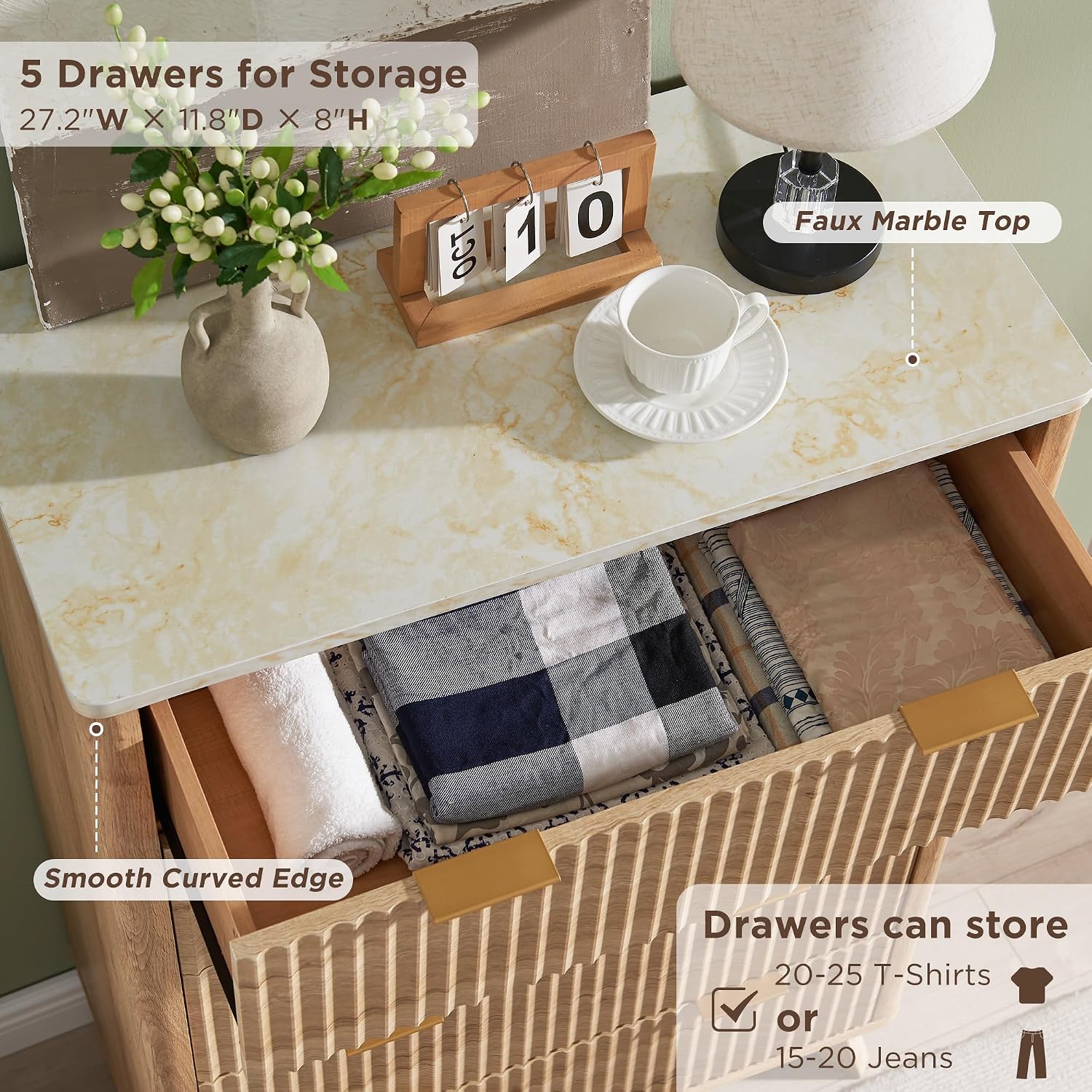 T4TREAM 48" MCM Fluted 5-Drawer Dresser Review: Oak/Marble Top - Image 3