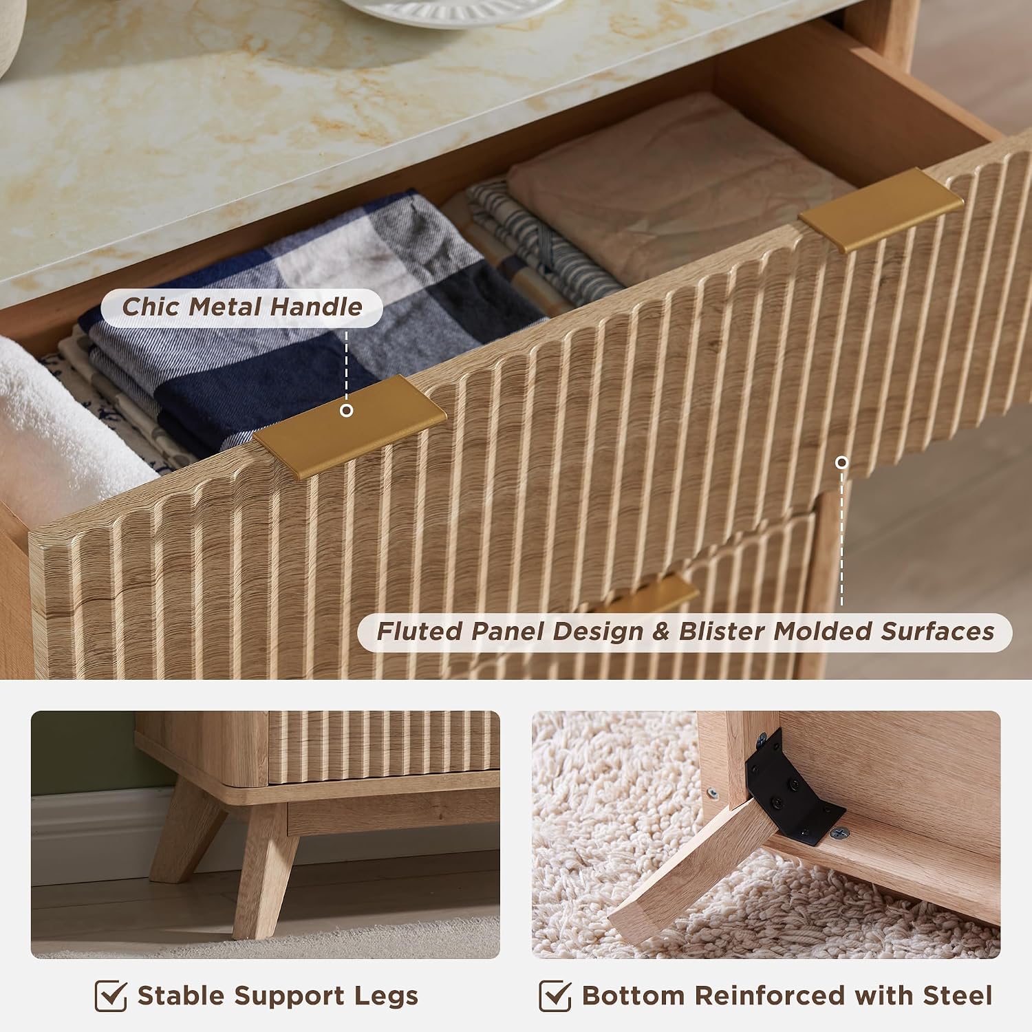 T4TREAM 48" MCM Fluted 5-Drawer Dresser Review: Oak/Marble Top - Image 5