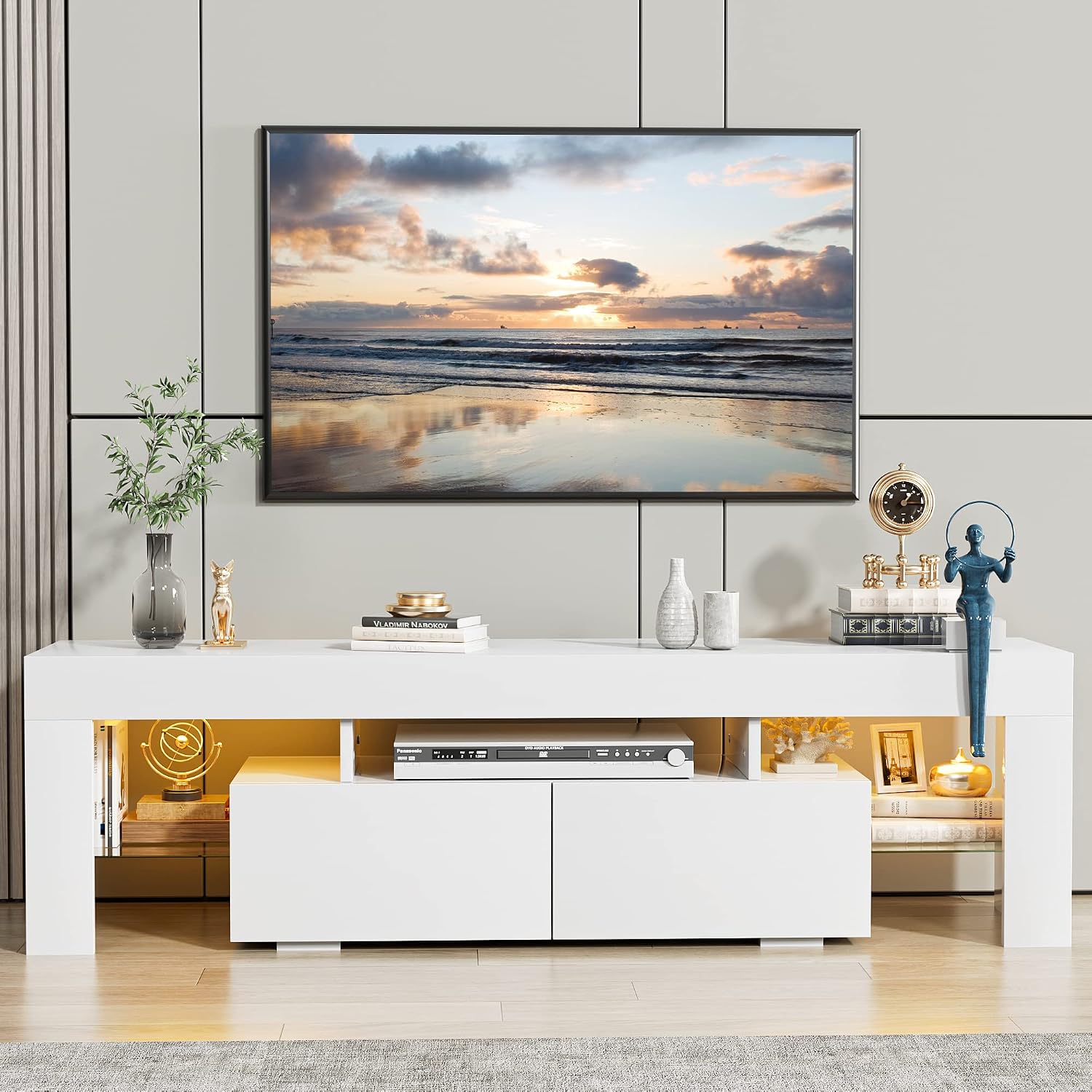 JUMMICO 63" White LED TV Stand Review: Storage & Lights. - Image 2