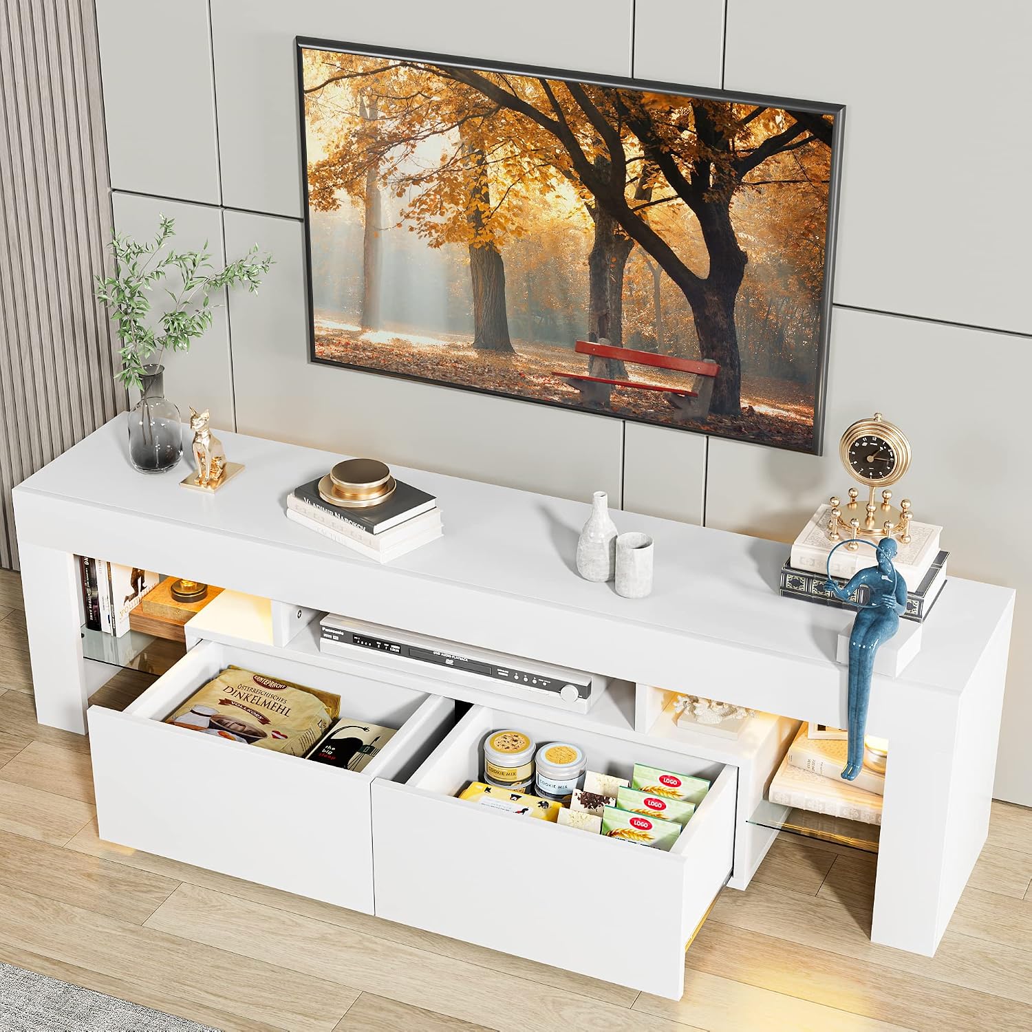 JUMMICO 63" White LED TV Stand Review: Storage & Lights. - Image 6