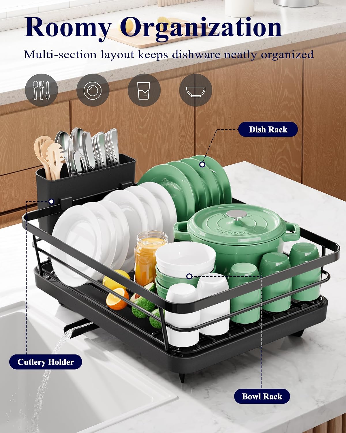Kitsure Black Stainless Steel Countertop Dish Rack & Cutlery Organizer - Image 2