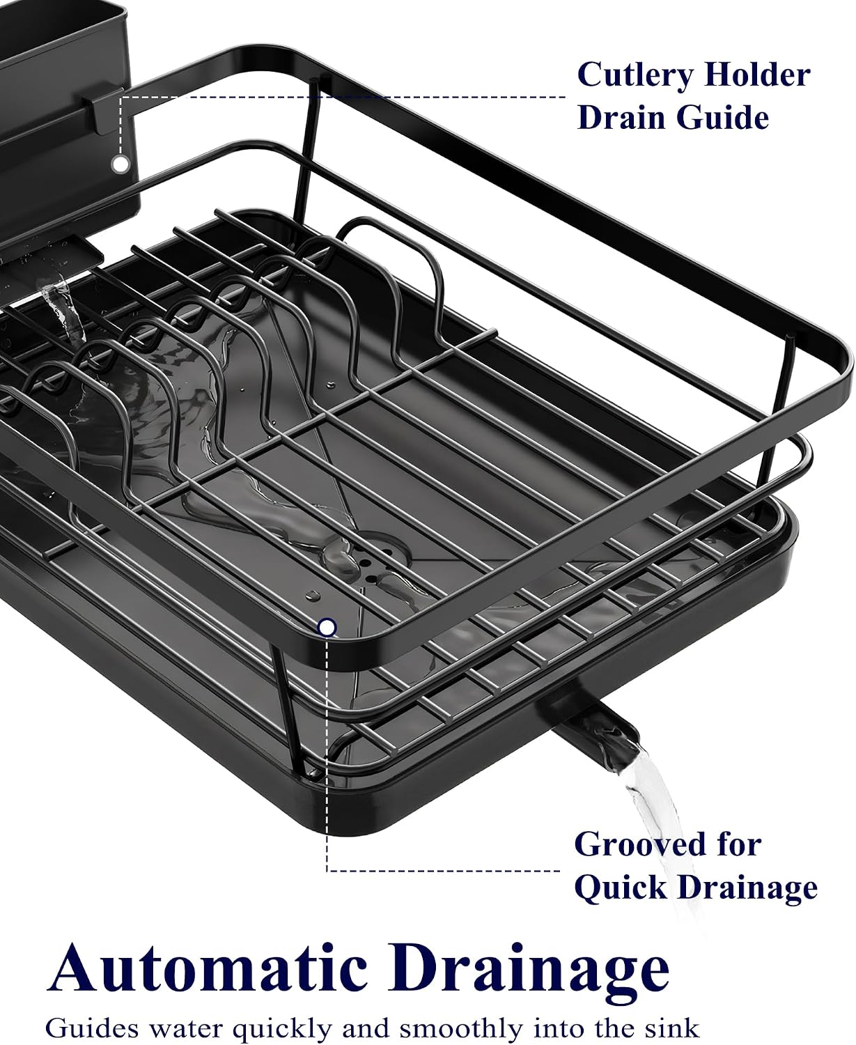 Kitsure Black Stainless Steel Countertop Dish Rack & Cutlery Organizer - Image 3