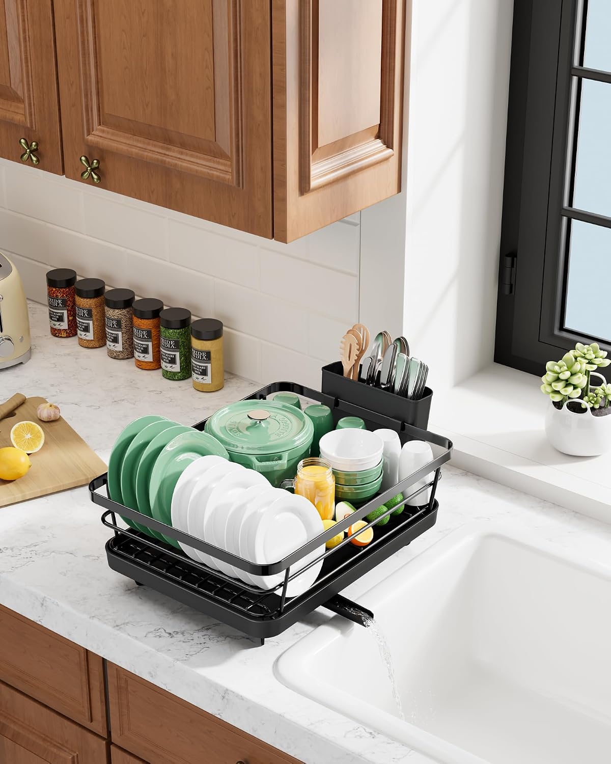 Kitsure Black Stainless Steel Countertop Dish Rack & Cutlery Organizer - Image 4