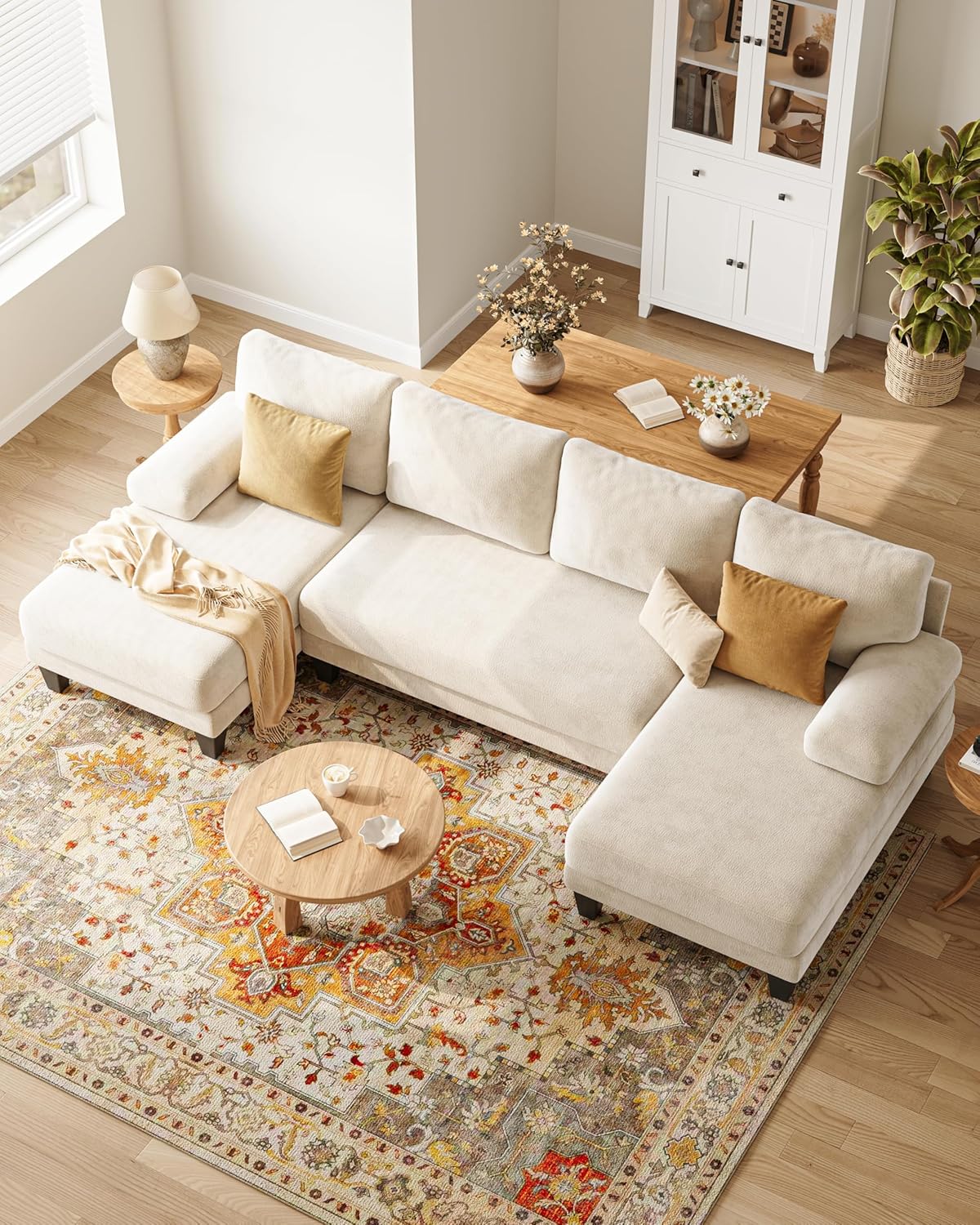 Elegant Warm White Chenille U-Sofa with Double Chaise Sectional - Image 3