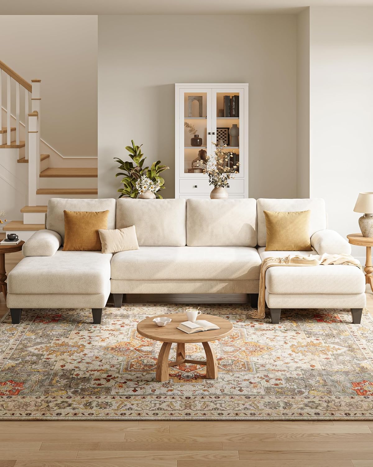 Elegant Warm White Chenille U-Sofa with Double Chaise Sectional - Image 7