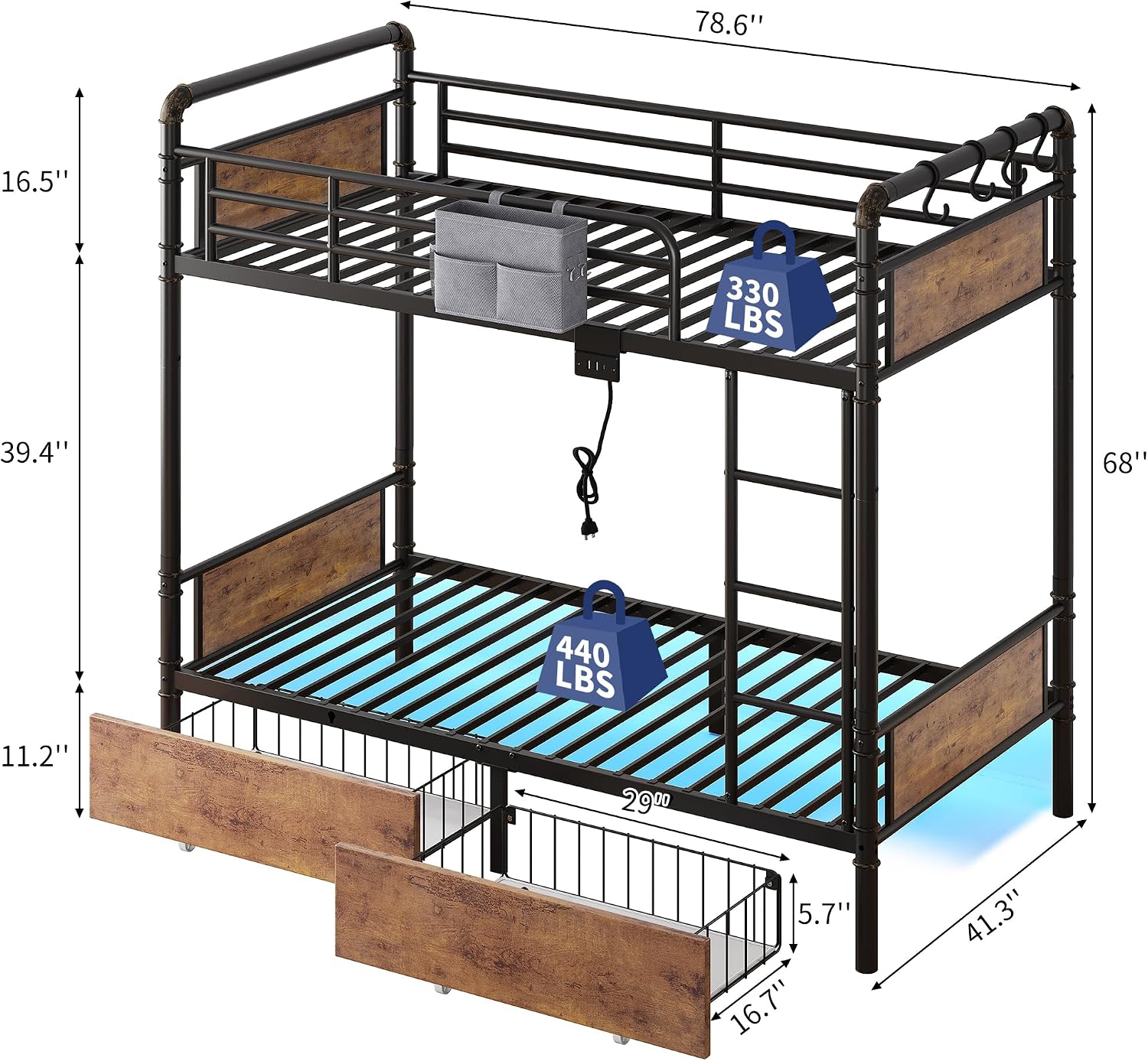 Review: Vintage Metal LED Bunk Bed, Storage, USB, Twin/Twin. - Image 2
