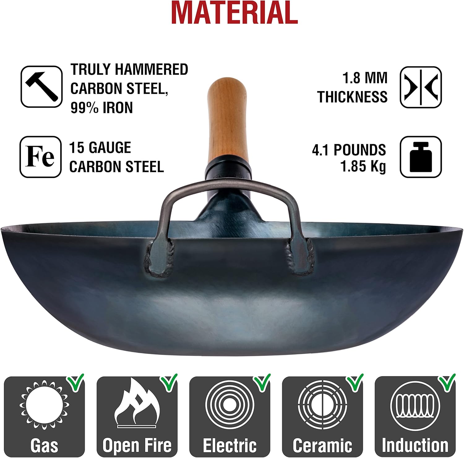 YOSUKATA 13.5" Blue Carbon Steel Wok: Pre-Seasoned Flat, All Cooktops. - Image 4