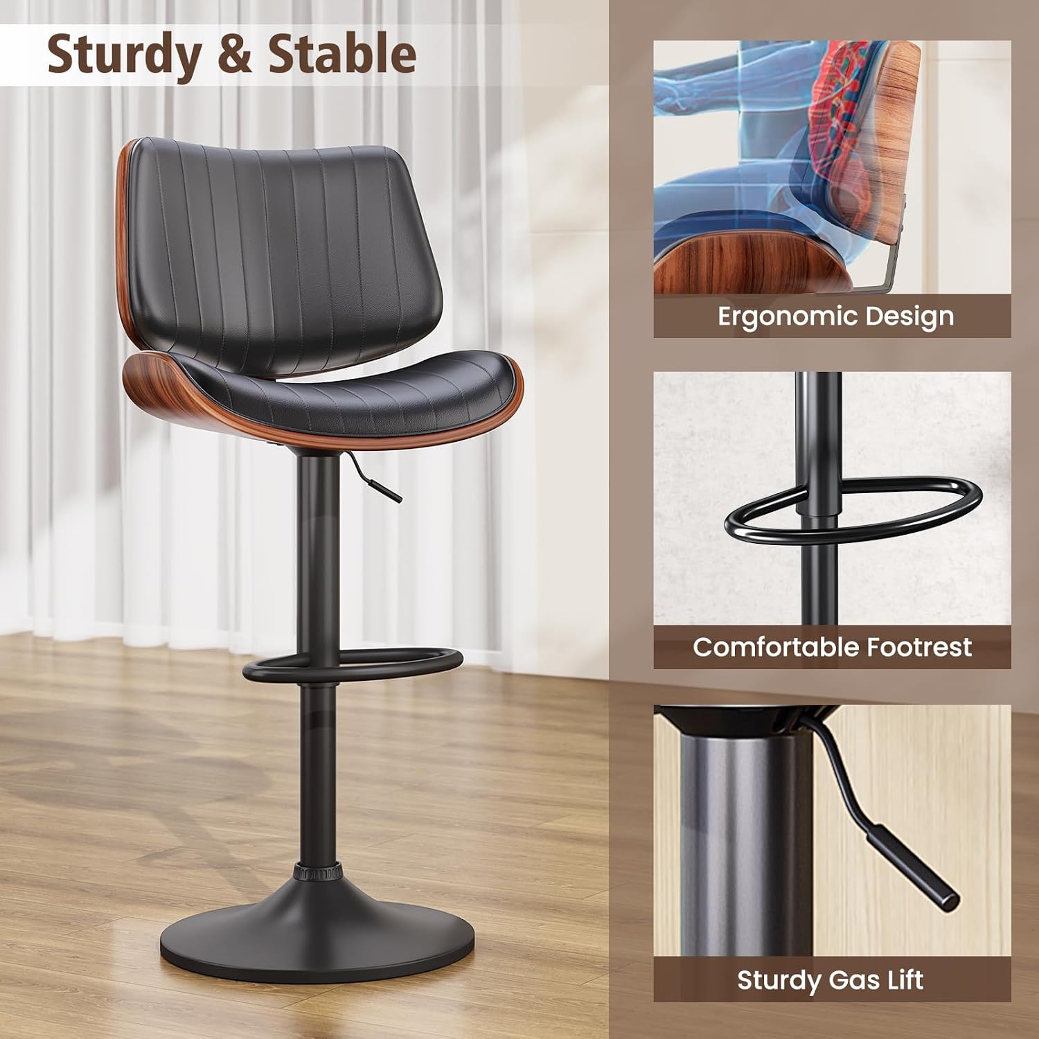 Review: Black Bentwood Swivel PU Leather Bar Stools (Set of 2) - Image 5