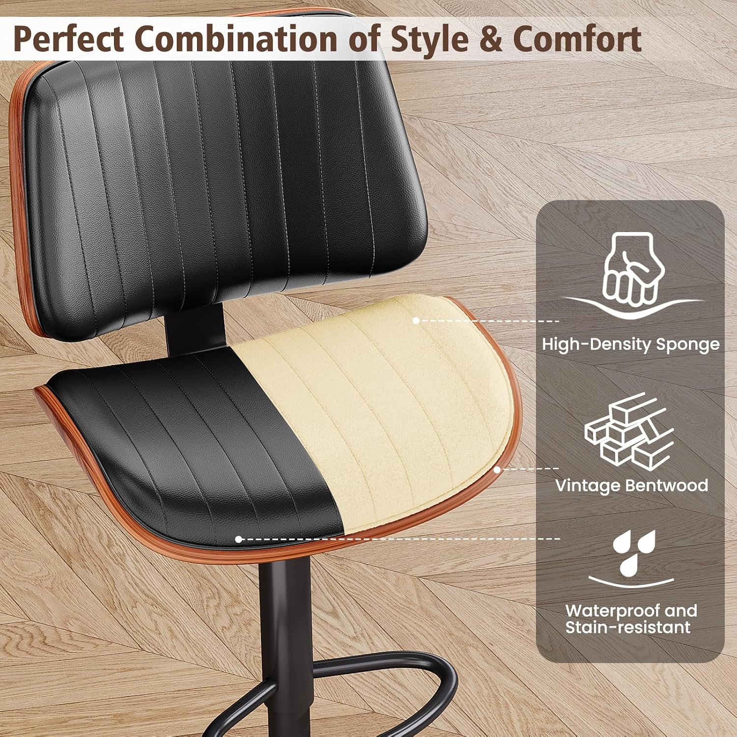 Review: Black Bentwood Swivel PU Leather Bar Stools (Set of 2) - Image 6