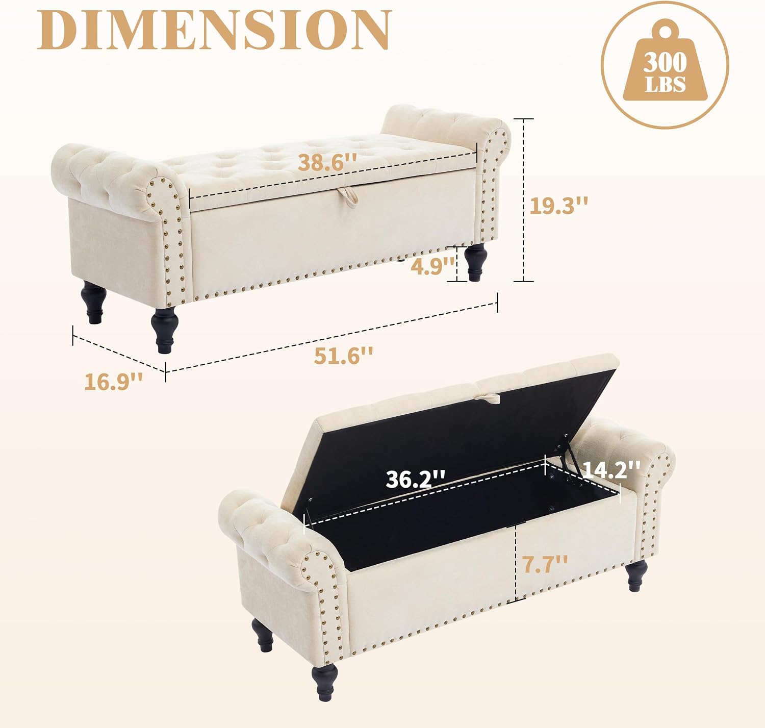 51" Large Beige Chenille Storage Ottoman Bench for Bed, Window, Entry. Pet-Friendly Review. - Image 3