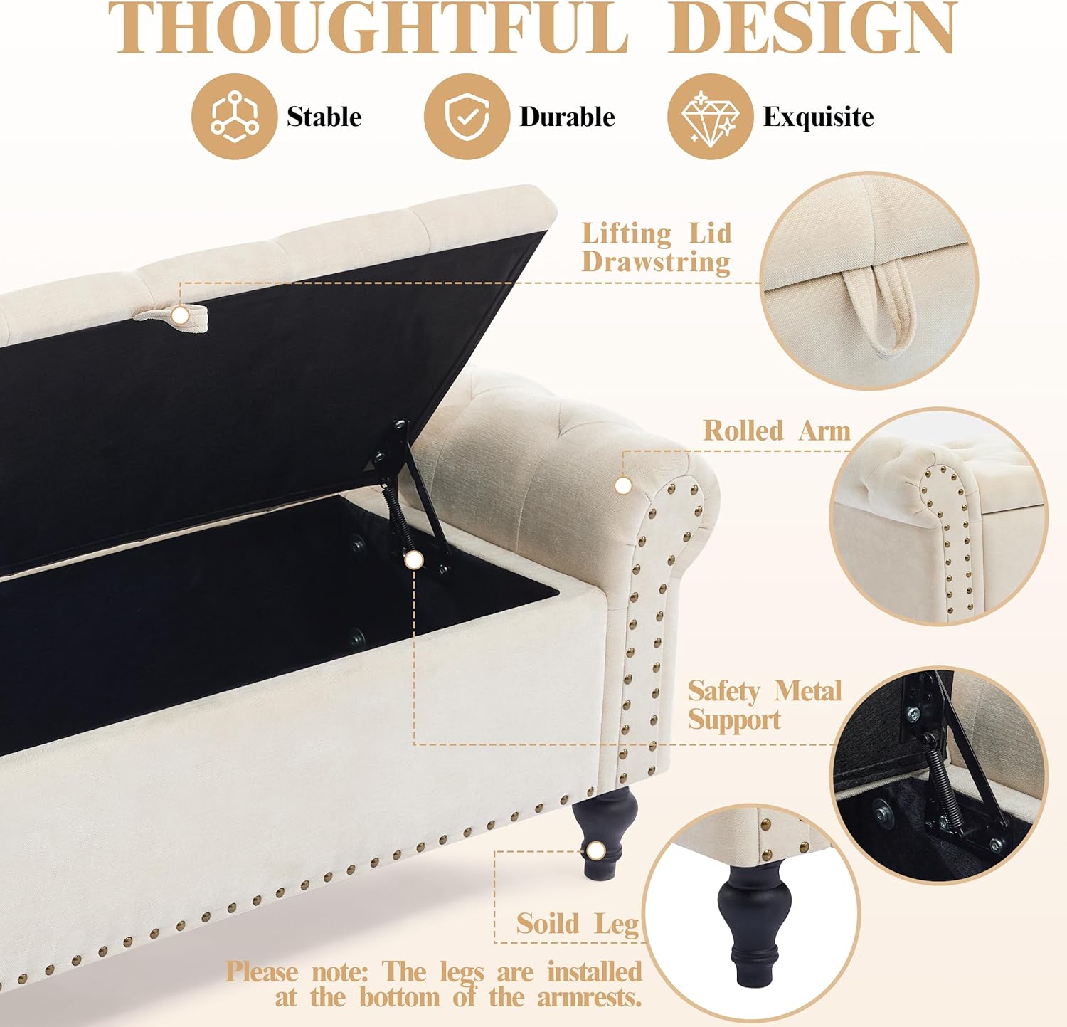 51" Large Beige Chenille Storage Ottoman Bench for Bed, Window, Entry. Pet-Friendly Review. - Image 4