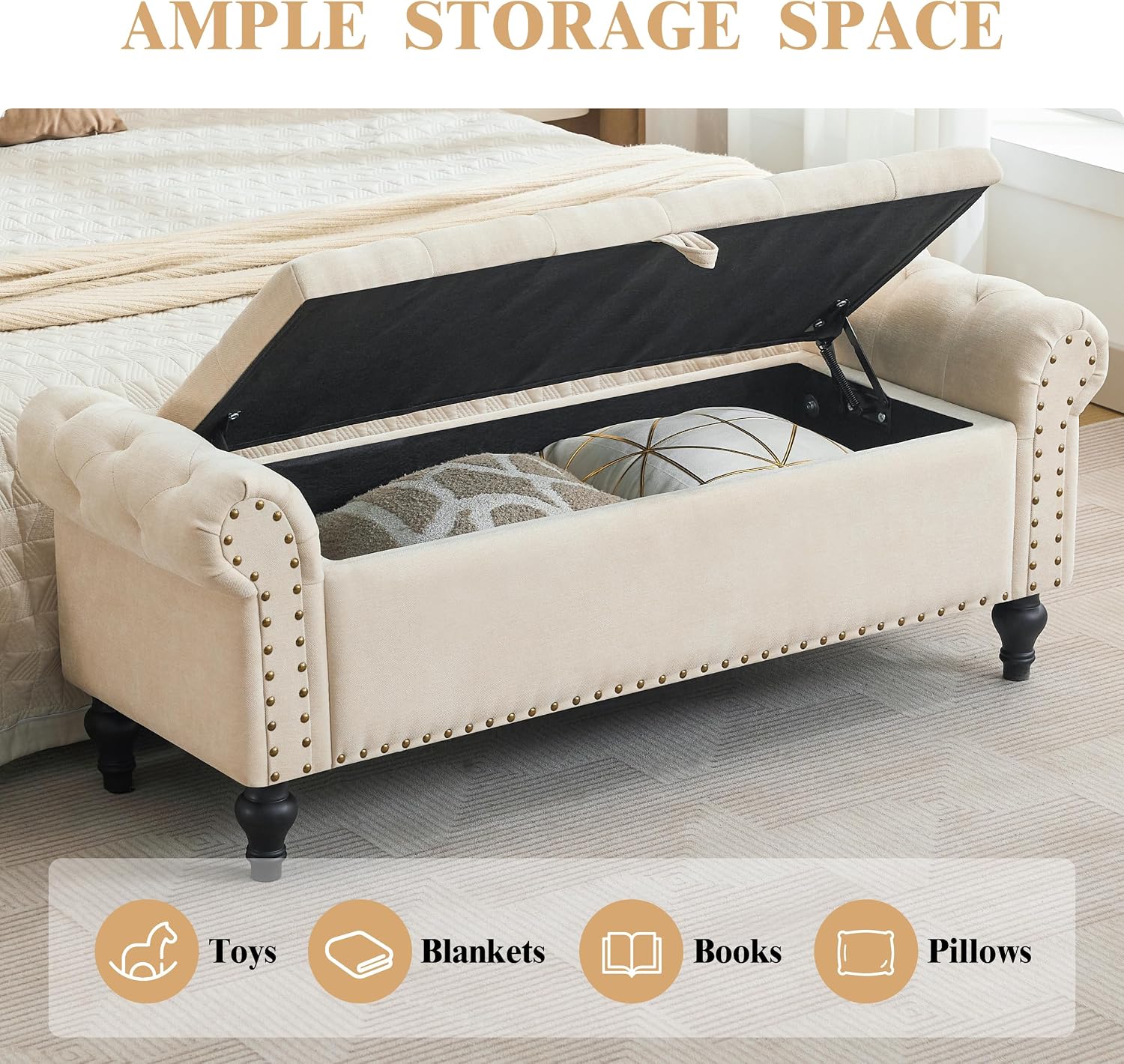 51" Large Beige Chenille Storage Ottoman Bench for Bed, Window, Entry. Pet-Friendly Review. - Image 5