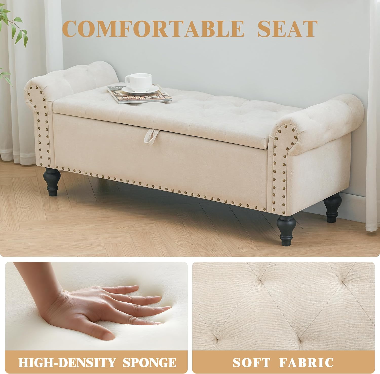 51" Large Beige Chenille Storage Ottoman Bench for Bed, Window, Entry. Pet-Friendly Review. - Image 6