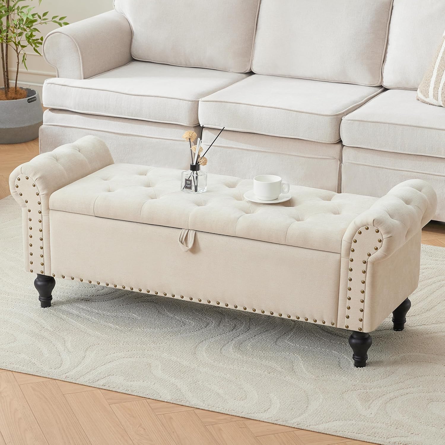 51" Large Beige Chenille Storage Ottoman Bench for Bed, Window, Entry. Pet-Friendly Review. - Image 7