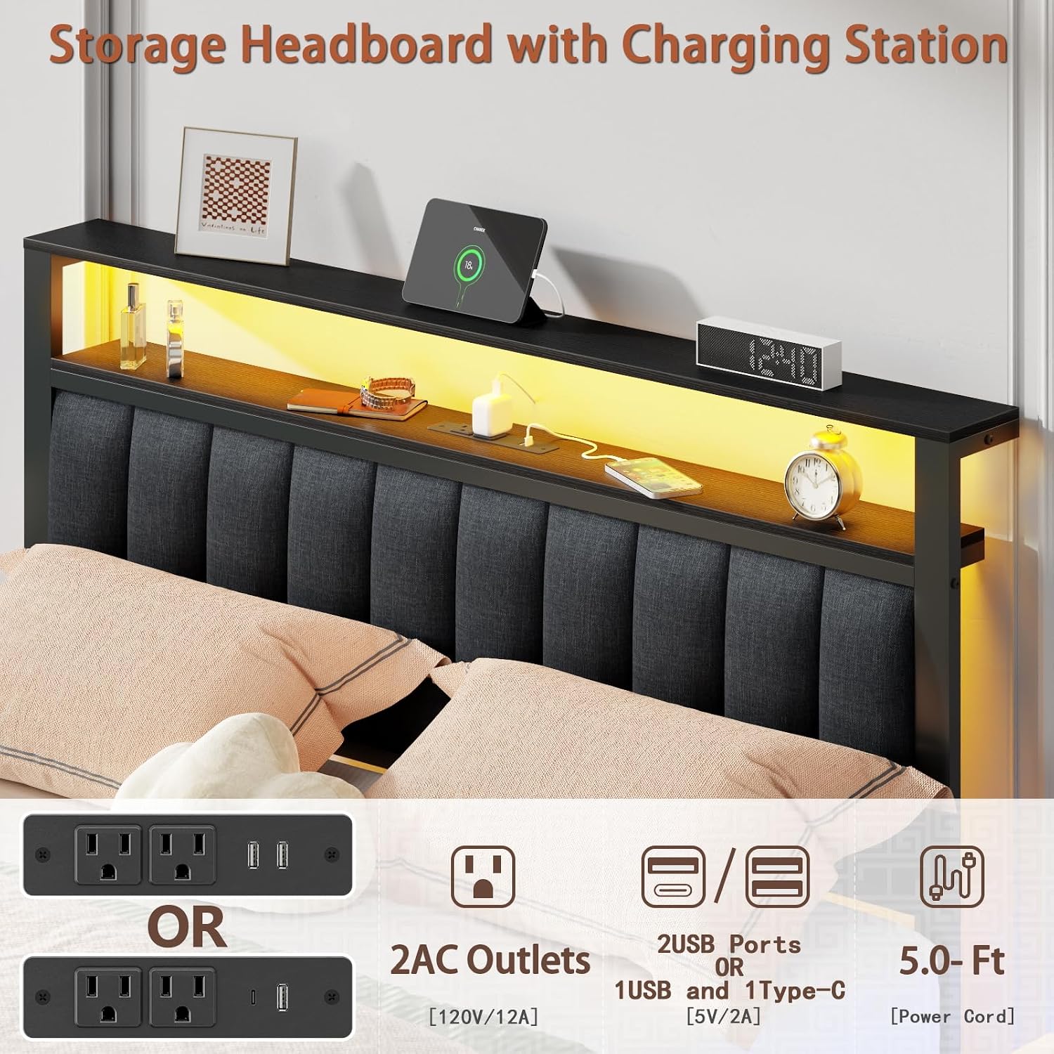 Queen Platform Bed Review: LED, USB-C, Storage, Grey Upholstered, Noise-Free - Image 2