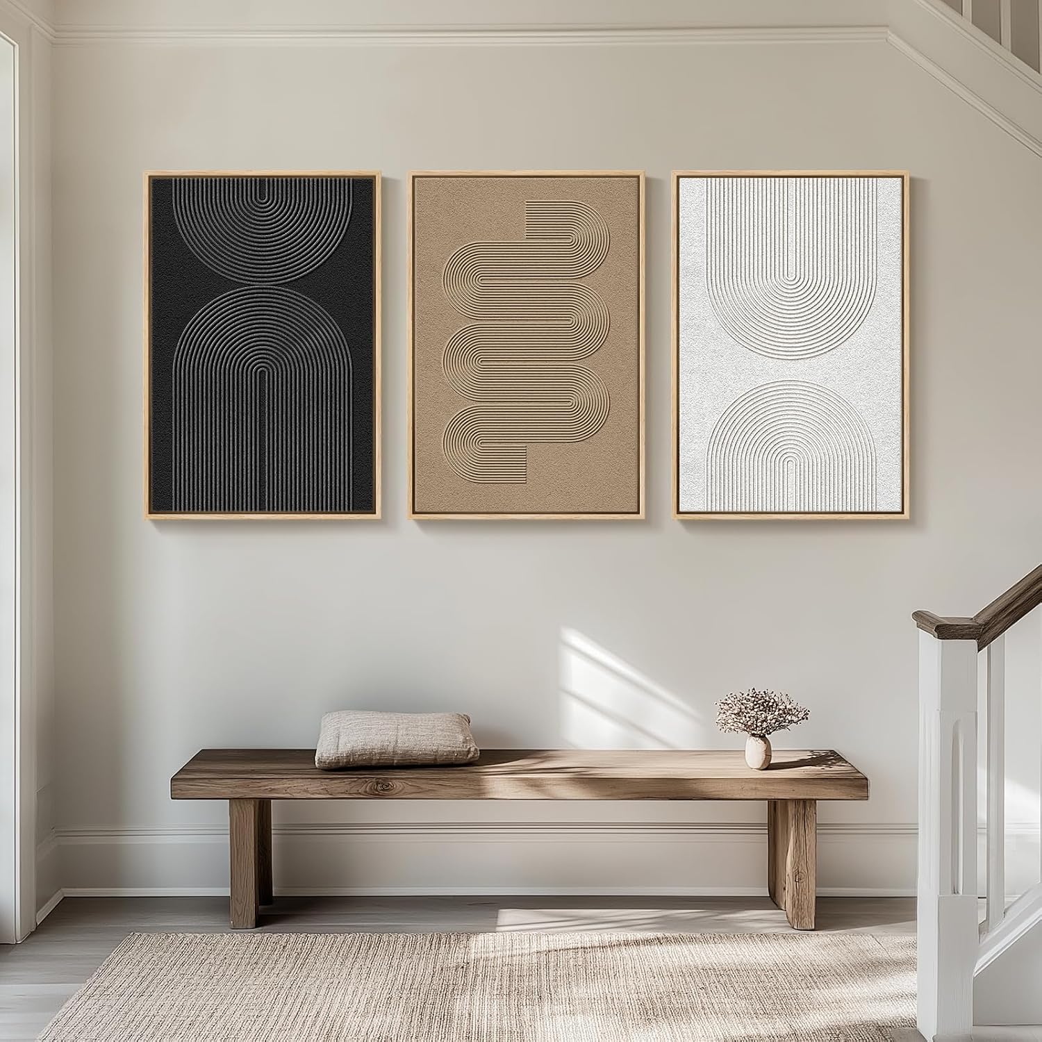 24x36 Large Framed 3-Pc Boho Modern B&W Geometric Abstract Canvas Art - Image 3